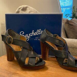 Seychelles Route Heels Black Leather Stacked Heel Ankle Strap Sandal